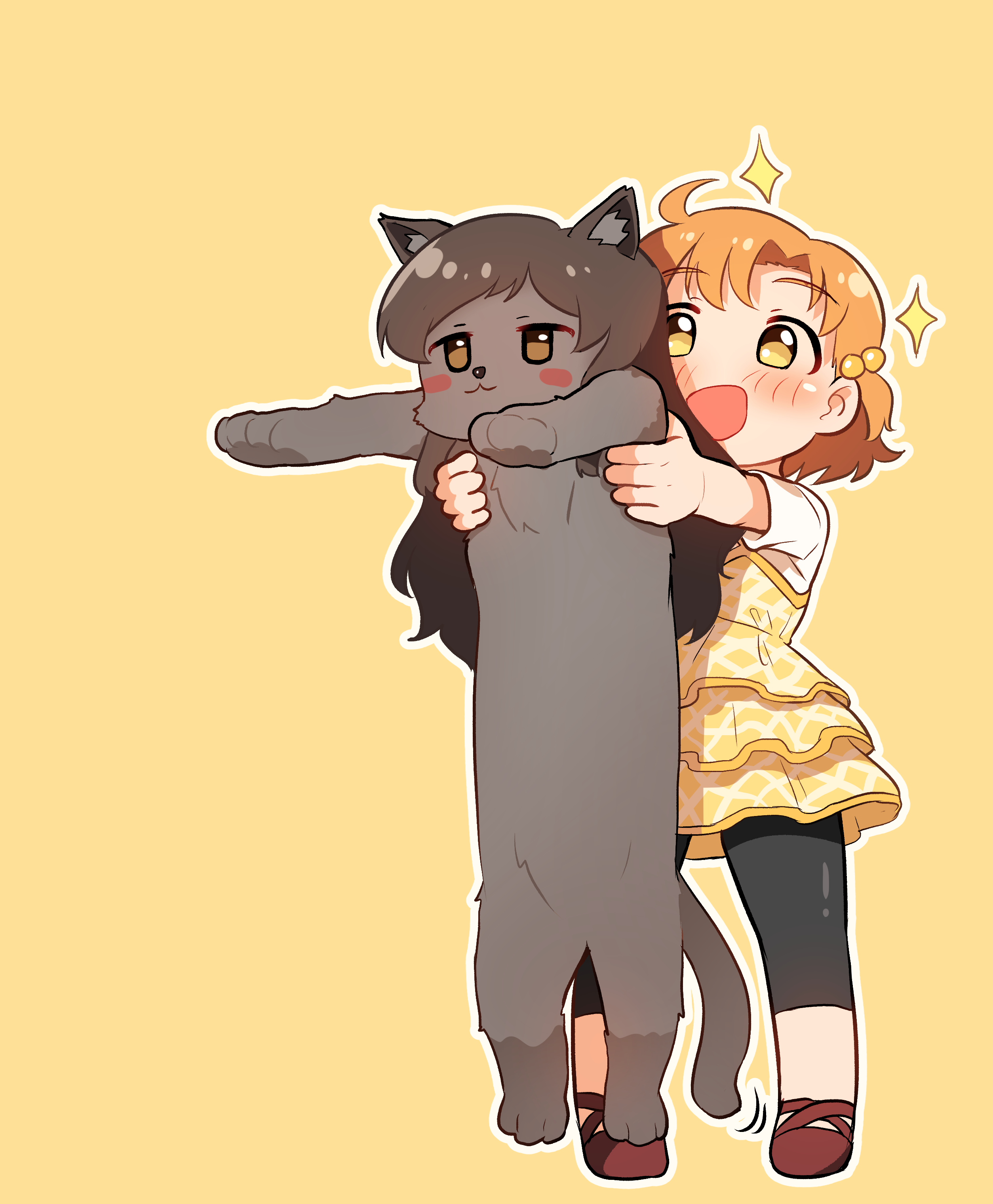kamille (vcx68), kitazawa shiho, yabuki kana, idolmaster, idolmaster million live!, absurdres, highres, 1girl, ahoge, animal, animalization, black leggings, blush, brown cat, brown hair, cat, dress, full body, hair bobbles, hair ornament, leggings, long hair, longcat (meme), meme, open mouth, orange hair, outline, short hair, simple background, smile, sparkle, standing, white outline, yellow background, yellow dress, yellow eyes