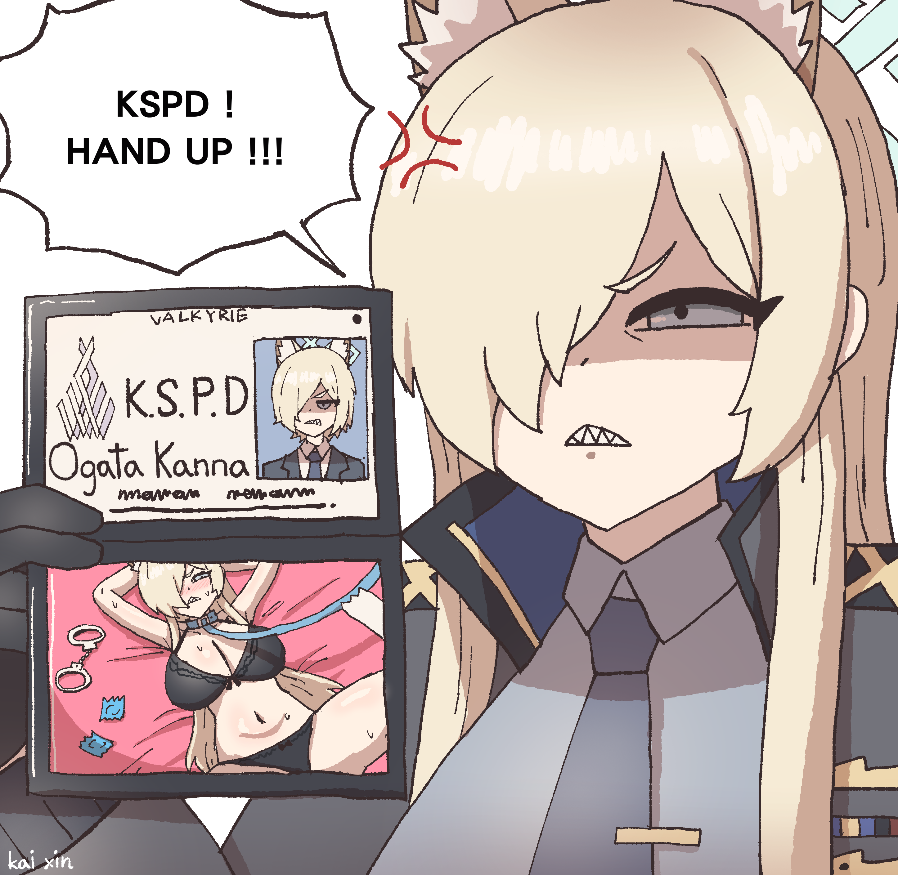 kai xin, kanna (blue archive), blue archive, absurdres, highres, 1girl, animal collar, animal ear fluff, animal ears, black bra, black jacket, black panties, blonde hair, blue eyes, blue halo, blue necktie, blue shirt, blush, bra, breasts, cleavage, collar, condom, condom wrapper, cuffs, dog ears, extra ears, frown, hair over one eye, halo, handcuffs, jacket, large breasts, leash, long hair, lying, navel, necktie, panties, shaded face, sharp teeth, shirt, teeth, thighs, underwear