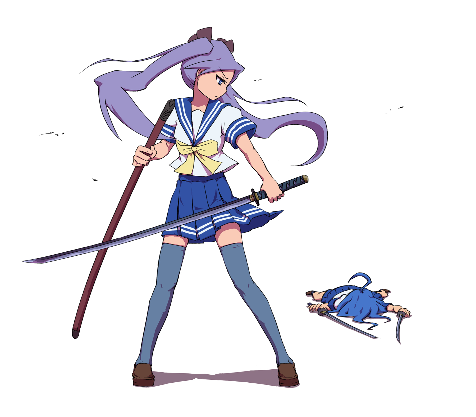 goodsleeep, hiiragi kagami, izumi konata, lucky star, bad id, bad pixiv id, highres, 00s, 2girls, ahoge, faceplant, katana, lying, multiple girls, on stomach, purple hair, school uniform, serafuku, spread legs, sword, thighhighs, twintails, weapon, zettai ryouiki