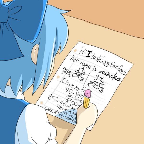 kouotsu, cirno, moriya suwako, touhou, translated, 1girl, blue hair, bow, child's drawing, circled 9, english text, engrish text, female focus, from above, hair bow, holding, meme, paper, parody, pencil, ranguage, solo, wooden pencil, writing