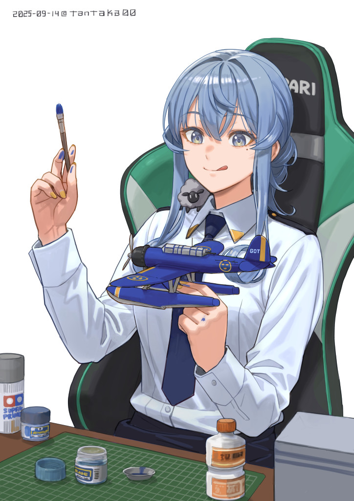 tantaka, gotland (kancolle), kantai collection, tamiya, commentary request, revision, 1girl, aircraft, airplane, black skirt, blue hair, breasts, chair, dated, gaming chair, handcraft, holding, holding toy, indoors, long hair, long sleeves, model airplane, model kit, mole, mole under eye, paintbrush, seaplane, sheep, shirt, skirt, smile, solo, swivel chair, table, toy, white shirt
