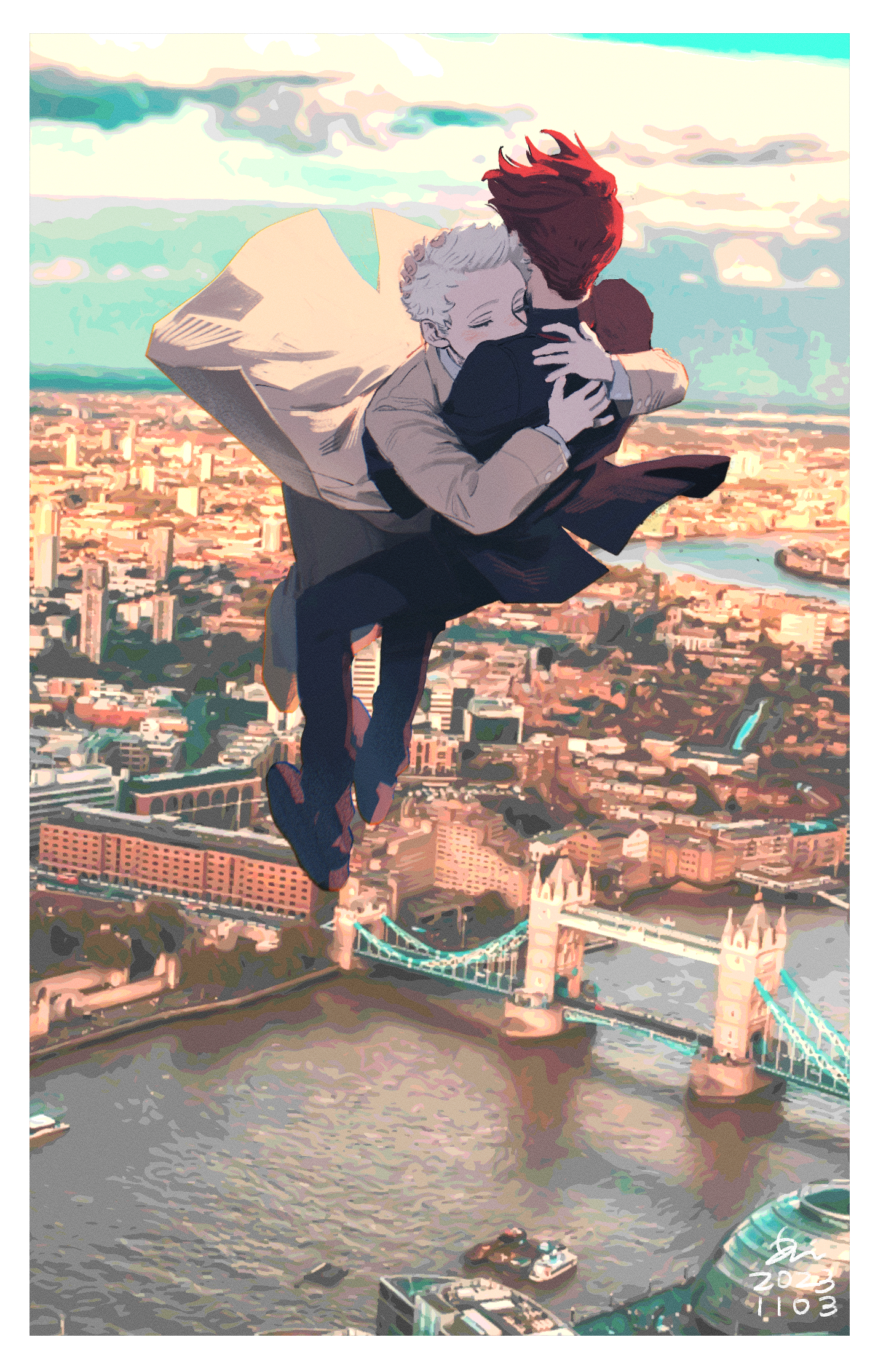 erm nkcn, aziraphale (good omens), crowley (good omens), good omens, commentary request, highres, 2boys, black jacket, black pants, border, bridge, brown coat, cloud, coat, floating, full body, hug, jacket, long sleeves, male focus, multiple boys, outdoors, pants, short hair, signature, white border, white hair, yaoi