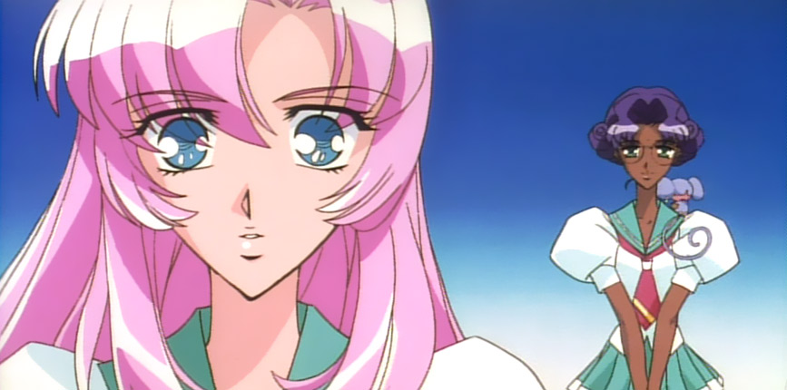 chu chu, chu chu (shoujo kakumei utena), himemiya anthy, tenjou utena, shoujo kakumei utena, 1990s (style), 2girls, blue eyes, green eyes, multiple girls, pink hair, purple hair, retro artstyle, school uniform, serafuku