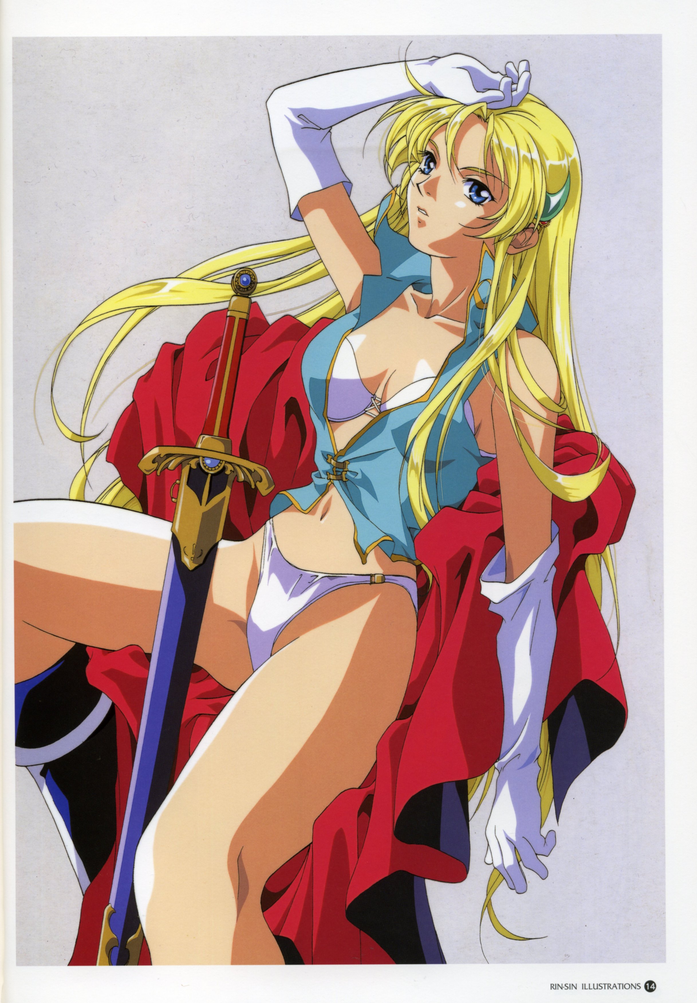 rin-sin, sharon (words worth), words worth, absurdres, highres, 1girl, blonde hair, blue eyes, crescent, crescent hair ornament, elbow gloves, female focus, gloves, hair ornament, lingerie, long hair, open clothes, open shirt, panties, shirt, solo, sword, underwear, weapon