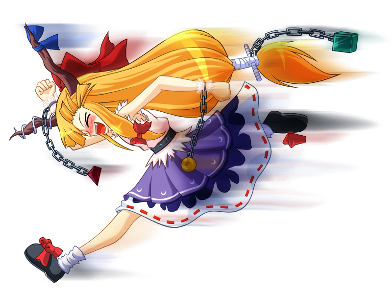 hitoniarazu, ibuki suika, touhou, > <, 1girl, chain, closed eyes, female focus, full body, horns, orange hair, ribbon, running, solo, white background