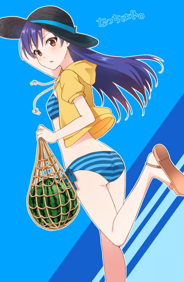 kisaragi ichigo, kisaragi chihaya, idolmaster, idolmaster (classic), 1girl, ass, bikini, blue bikini, blue hair, brown eyes, food, fruit, hat, holding net, hood, hooded jacket, jacket, looking at viewer, looking back, open clothes, open jacket, parted lips, sandals, solo, striped bikini, striped clothes, sun hat, swimsuit, watermelon, yellow jacket