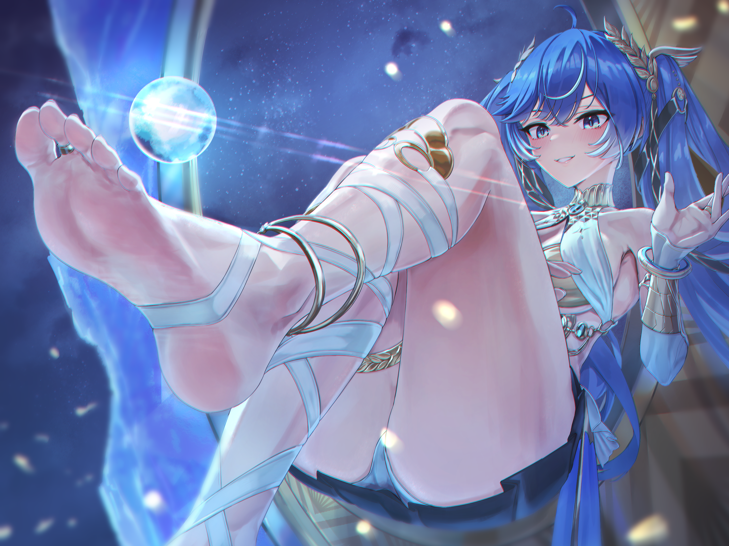 purufa, iuno (wuthering waves), wuthering waves, commentary request, derivative work, highres, screenshot redraw, 1girl, bare shoulders, barefoot, black skirt, blue eyes, blue hair, breasts, feet, gold bra, hair belt, hand up, head wreath, jewelry, leg wrap, long hair, looking at viewer, medium breasts, miniskirt, orb, parted lips, skirt, smile, soles, solo, thighlet, thighs, toe ring, toes, twintails