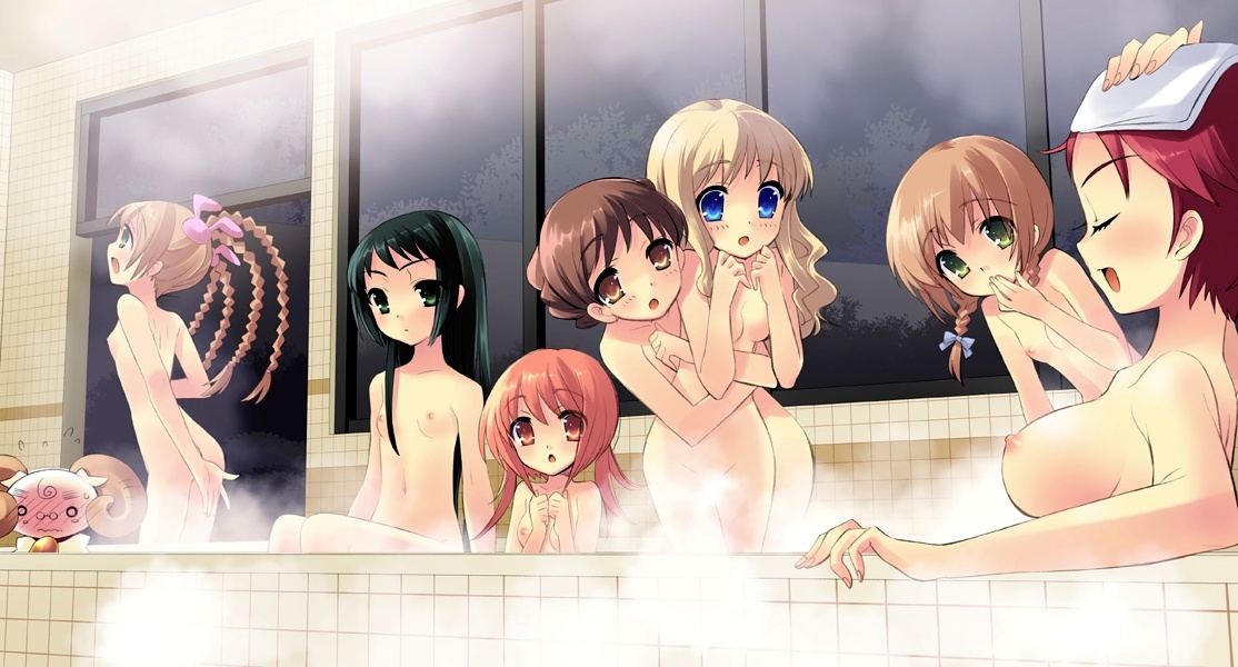ito noizi, akihime sumomo, amamori yayoi, asamiya akino, asamiya toua, fukamichi nobuko, koiwai flora, yaeno nadeshiko, yuki-chan, nanatsuiro drops, 00s, 6+girls, bath, blonde hair, blue eyes, blush, braid, breasts, brown eyes, brown hair, censored, convenient censoring, everyone, flat chest, full-face blush, green eyes, green hair, horns, hug, indoors, large breasts, loli, looking at breasts, medium breasts, multiple braids, multiple girls, nipples, nude, quad braids, quad tail, quad tails, red eyes, red hair, single horn, small breasts, steam, steam censor, twin braids, window