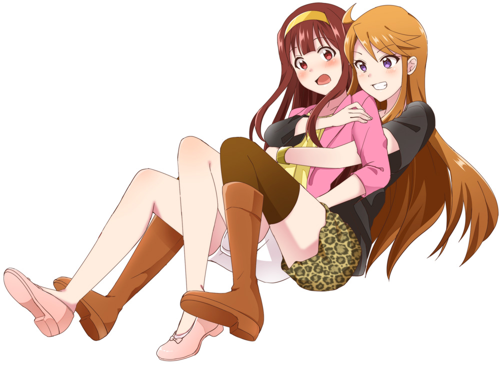 kisaragi ichigo, tanaka kotoha, tokoro megumi, idolmaster, idolmaster million live!, 2girls, black shirt, blush, boots, brown boots, brown hair, brown thighhighs, full body, grin, hairband, hug, hug from behind, jacket, long hair, multiple girls, open mouth, pink jacket, pink shoes, purple eyes, red eyes, shirt, shoes, short sleeves, simple background, sitting, smile, thighhighs, white background, yellow hairband, yuri