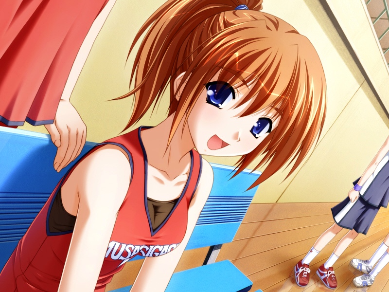 yamino kenji, sasamine rika, akai canvas series nadeshiko ~aka no rasen~, game cg, source request, 1girl, bench, blue eyes, clothes writing, female focus, gym uniform, open mouth, ponytail, red hair, sitting, solo, sportswear