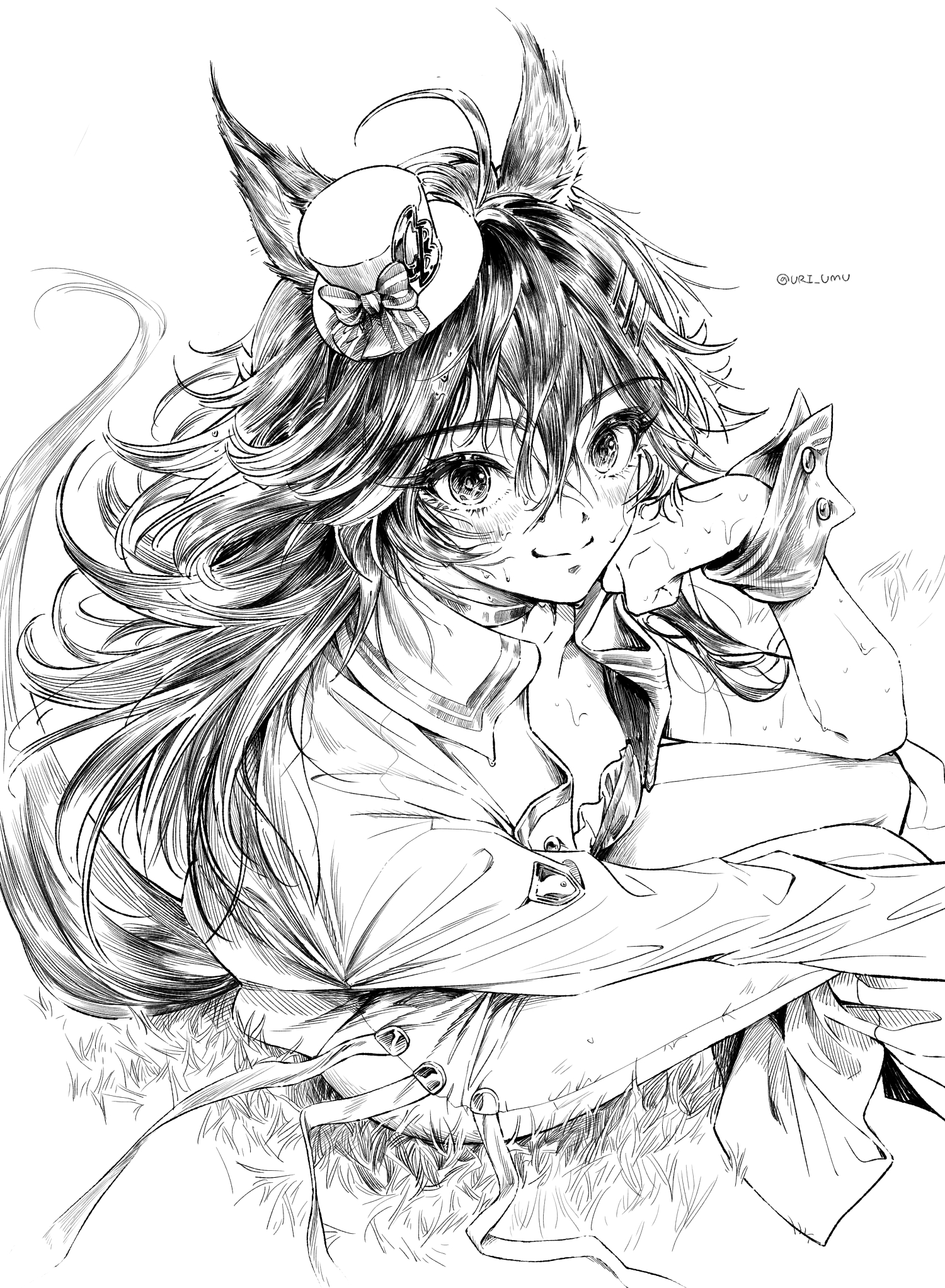 mr. c.b. (umamusume), umamusume, highres, ahoge, animal ears, ear covers, greyscale, hair ornament, hairclip, hat, head rest, horse ears, horse girl, horse tail, long hair, long sleeves, looking at viewer, mini hat, mini top hat, monochrome, mr. c.b. (clear bliss) (umamusume), pants, single sleeve, sitting, smile, tail, top hat, uri umu