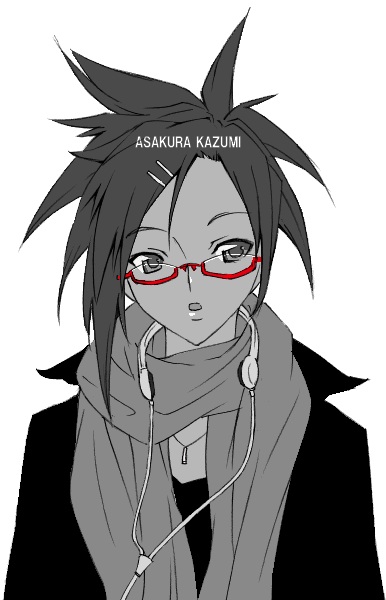 haruka shiya, asakura kazumi, mahou sensei negima!, 00s, glasses, hair ornament, hairclip, headphones, headphones around neck, scarf, solo