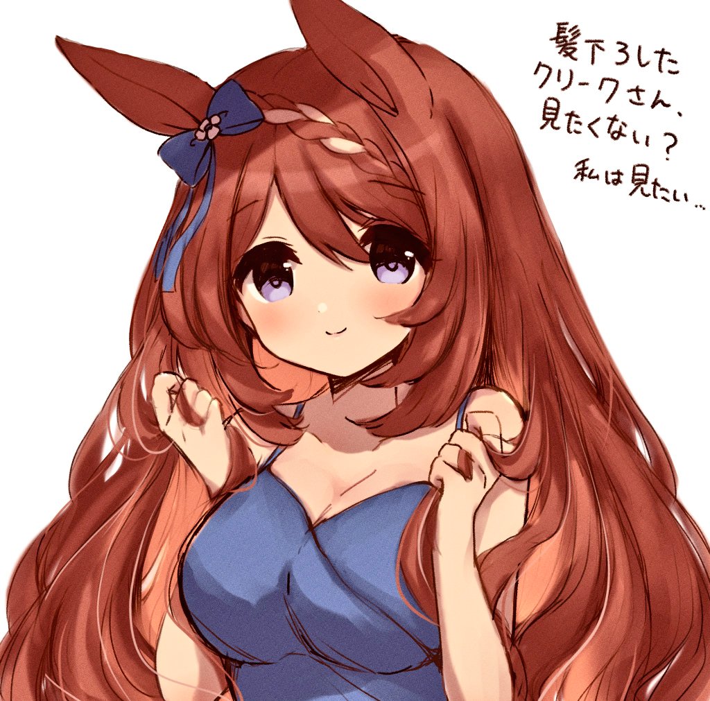 nanohana, super creek (umamusume), umamusume, commentary request, 1girl, animal ears, blue dress, blue eyes, blush, bow, braid, breasts, brown hair, closed mouth, dress, ear bow, hair between eyes, horse ears, horse girl, large breasts, long hair, looking at viewer, multicolored hair, simple background, smile, solo, streaked hair, upper body, very long hair, white hair