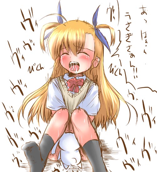 fer yoshimiya, misana, vivio, lyrical nanoha, mahou shoujo lyrical nanoha, mahou shoujo lyrical nanoha strikers, translation request, 00s, bestiality, blonde hair, blush, closed eyes, interspecies, long hair, saliva, socks, solo, tears, text focus