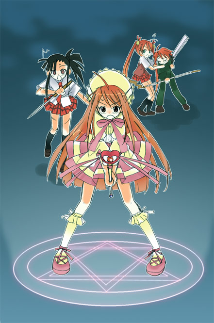 yuuma (omaeno meinichi), hasegawa chisame, kagurazaka asuna, negi springfield, sakurazaki setsuna, mahou sensei negima!, 00s, 1boy, 3girls, ^^^, ahoge, bell, black hair, bonnet, brown eyes, brown hair, green eyes, hair ornament, hand fan, harisen, heterochromia, hexagram, long hair, magic circle, multiple girls, orange hair, pactio, plaid clothes, plaid skirt, red hair, school uniform, side ponytail, skirt, staff, sword, very long hair, wand, weapon