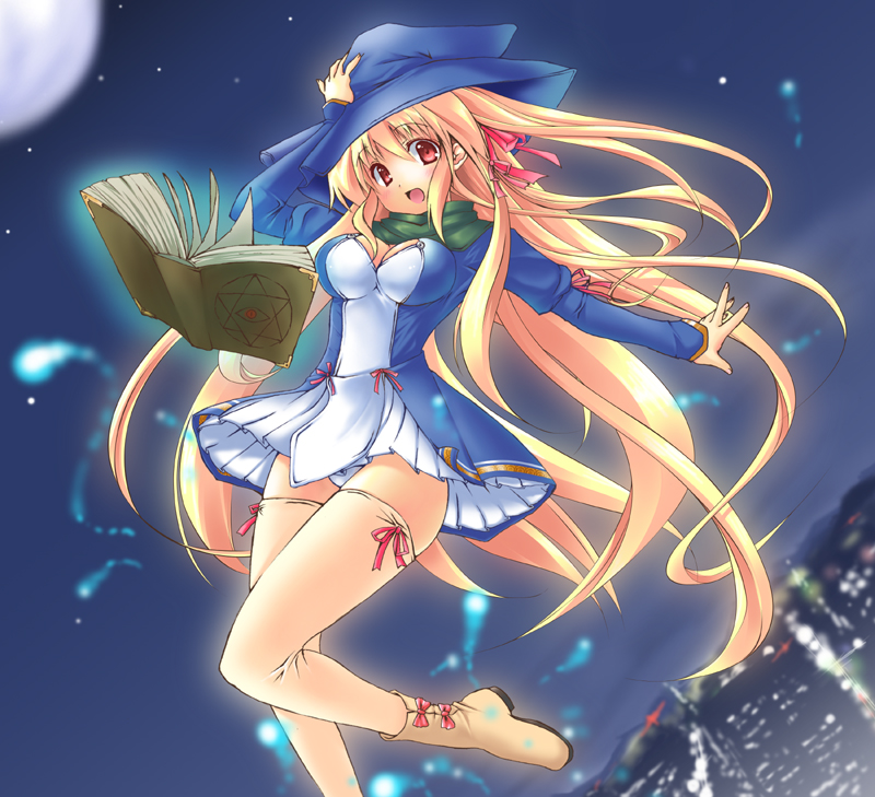 usume shirou, original, 1girl, blonde hair, book, boots, female focus, hair ribbon, hat, hexagram, long hair, panties, pantyshot, red eyes, ribbon, solo, thighhighs, underwear, witch, witch hat, zettai ryouiki