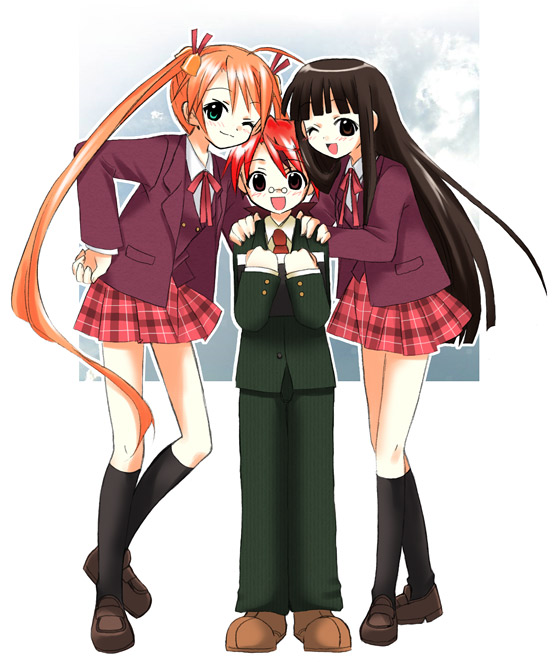 yuuma (omaeno meinichi), kagurazaka asuna, konoe konoka, negi springfield, mahou sensei negima!, 00s, 1boy, 2girls, :d, ;), ;d, bell, black hair, blush, brown eyes, formal clothes, glasses, green eyes, hair bell, hair ornament, hand on own hip, happy, hip focus, kneehighs, long hair, monocle, multiple girls, necktie, one eye closed, open mouth, orange hair, pince-nez, plaid clothes, plaid skirt, red eyes, red hair, sandwiched, short hair, skirt, smile, socks, suit, teenage girl and younger boy, twintails, very long hair, wink