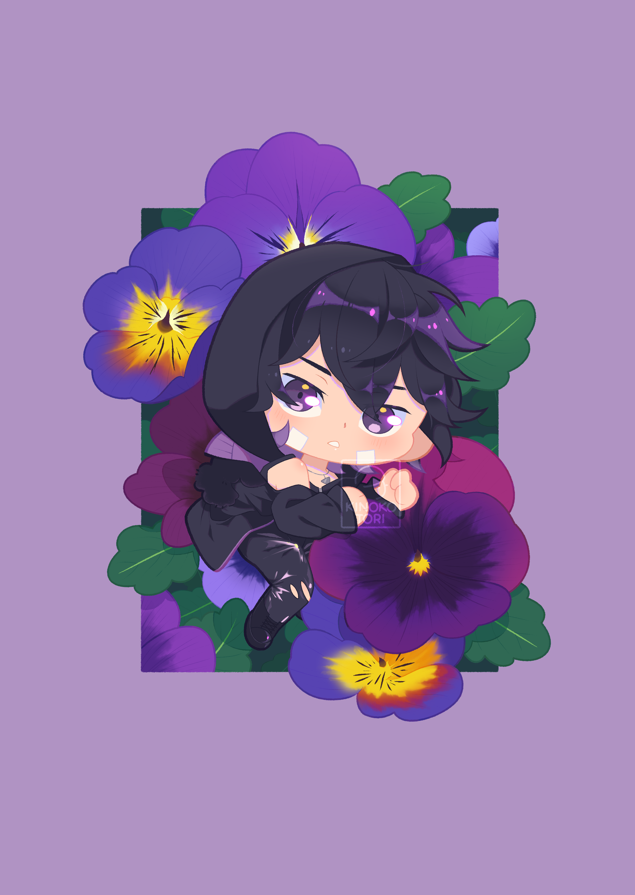 kinokorin, jungle juice, absurdres, commentary, english commentary, highres, 1boy, bandage on face, bandages, black hair, black jacket, black pants, chibi, chibi only, flower, full body, hair between eyes, hood, hood up, jacket, junhyeong lee, male focus, pansy, pants, parted lips, purple eyes, purple flower, purple pansy, short hair, signature, solo, torn clothes, torn pants