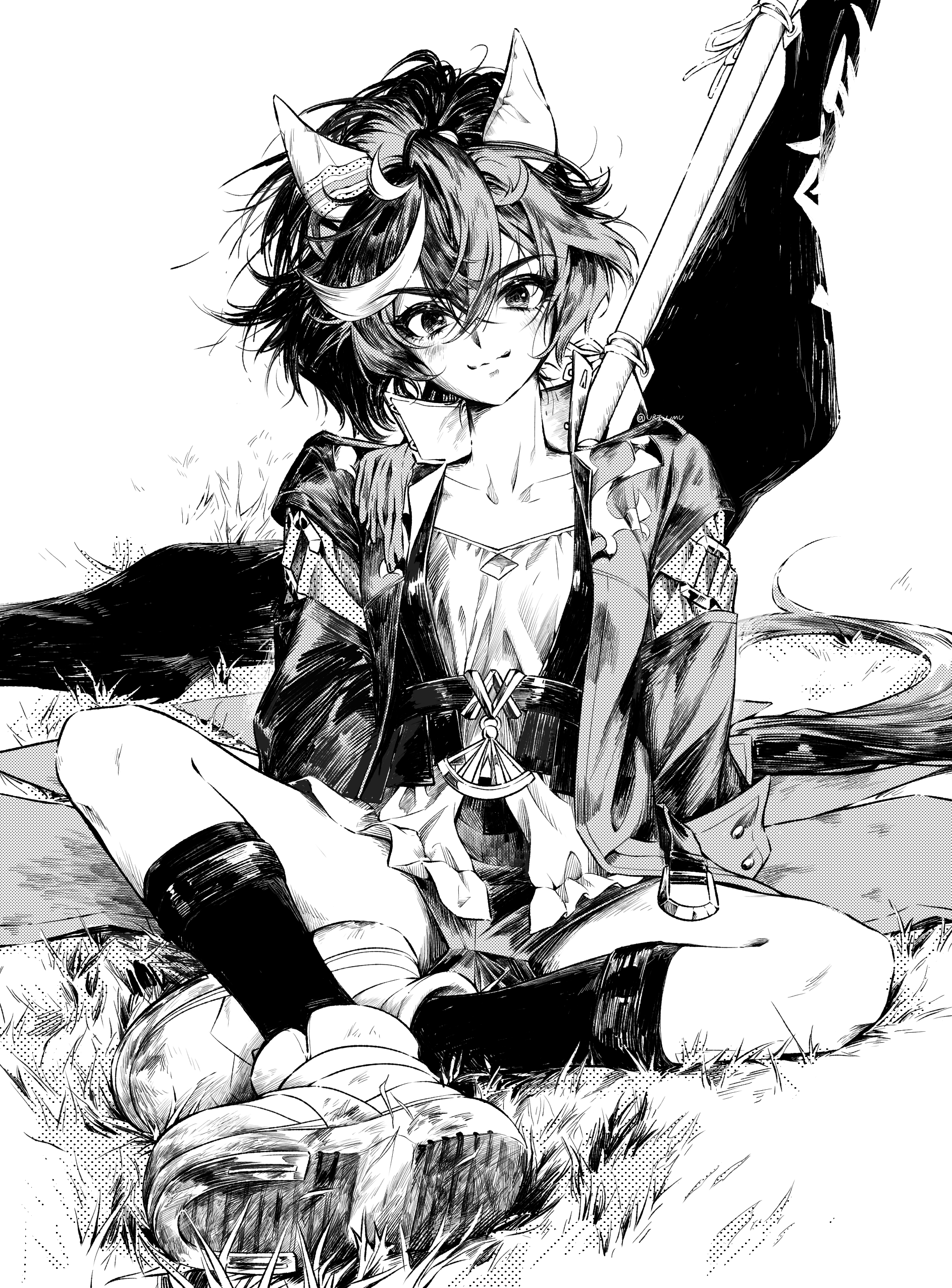 katsuragi ace (umamusume), umamusume, absurdres, highres, 1girl, animal ears, black hair, button gap, ear covers, horse ears, horse girl, horse tail, jacket, katsuragi ace (dragon rising to the top) (umamusume), long hair, long sleeves, looking at viewer, monochrome, multicolored hair, ponytail, smile, solo, streaked hair, tail, uri umu, white hair