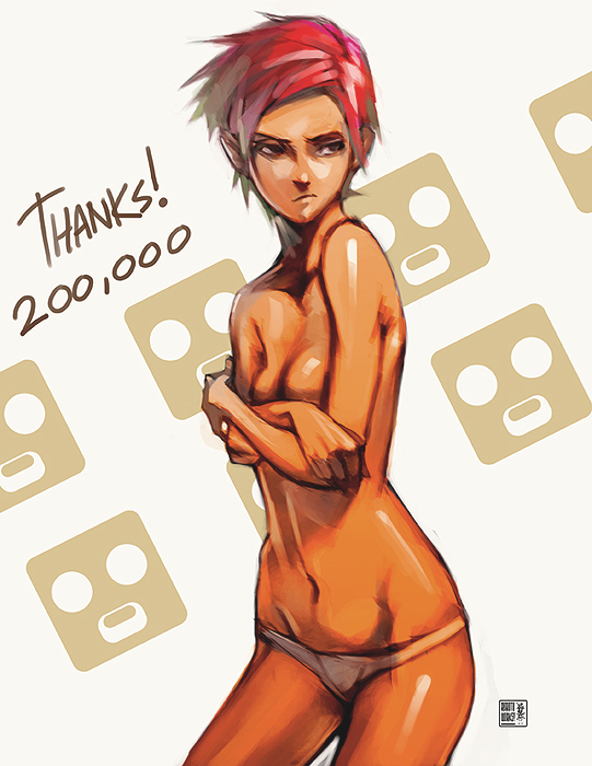 robert kim, 1girl, :o, breasts, female focus, medium breasts, milestone celebration, panties, pink hair, short hair, solo, underwear