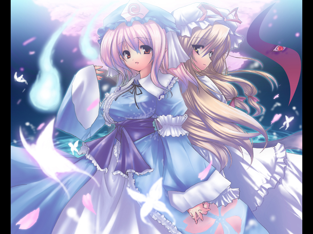 usume shirou, saigyouji yuyuko, yakumo yukari, touhou, 2girls, blonde hair, breasts, bug, butterfly, dress, female focus, gap (touhou), ghost, hair ribbon, hat, holding hands, insect, long hair, multiple girls, nature, petals, pink hair, plant, ribbon, short hair