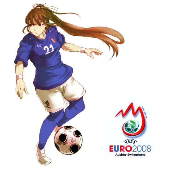 aguhari, andrea pirlo, euro 2008, puma (brand), uefa champions league, bad id, bad pixiv id, 00s, 1girl, 2008, ball, blue leggings, blush, breasts, brown hair, clothes writing, dated, europass, female focus, floating hair, full body, genderswap, genderswap (mtf), hair ribbon, high ponytail, italian flag, italy, jersey, leggings, logo, long hair, looking to the side, playing sports, ponytail, purple eyes, ribbon, serious, shoes, short sleeves, shorts, simple background, small breasts, sneakers, soccer, soccer ball, soccer uniform, solo, sportswear, standing, very long hair, white background, wristband