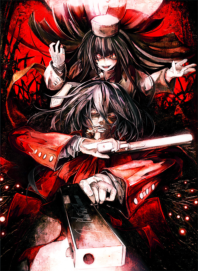 banpai akira, alucard (hellsing), girlycard, hellsing, hellsing: the dawn, 1boy, 1girl, black hair, casull (hellsing), crazy eyes, cross, dual persona, fur hat, genderswap, gloves, glowing, glowing eyes, gun, handgun, hat, jackal (hellsing), latin cross, long hair, mouth hold, necktie, pistol, weapon