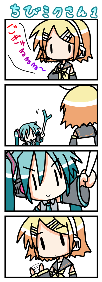 minami (colorful palette), chibi miku, hatsune miku, kagamine rin, vocaloid, long image, tall image, translated, 4koma, :>, blouse, chibi, comic, grey shirt, hungry, shirt, silent comic, sleeveless, sleeveless shirt, spring onion, swept bangs, waving arm, white shirt, | |