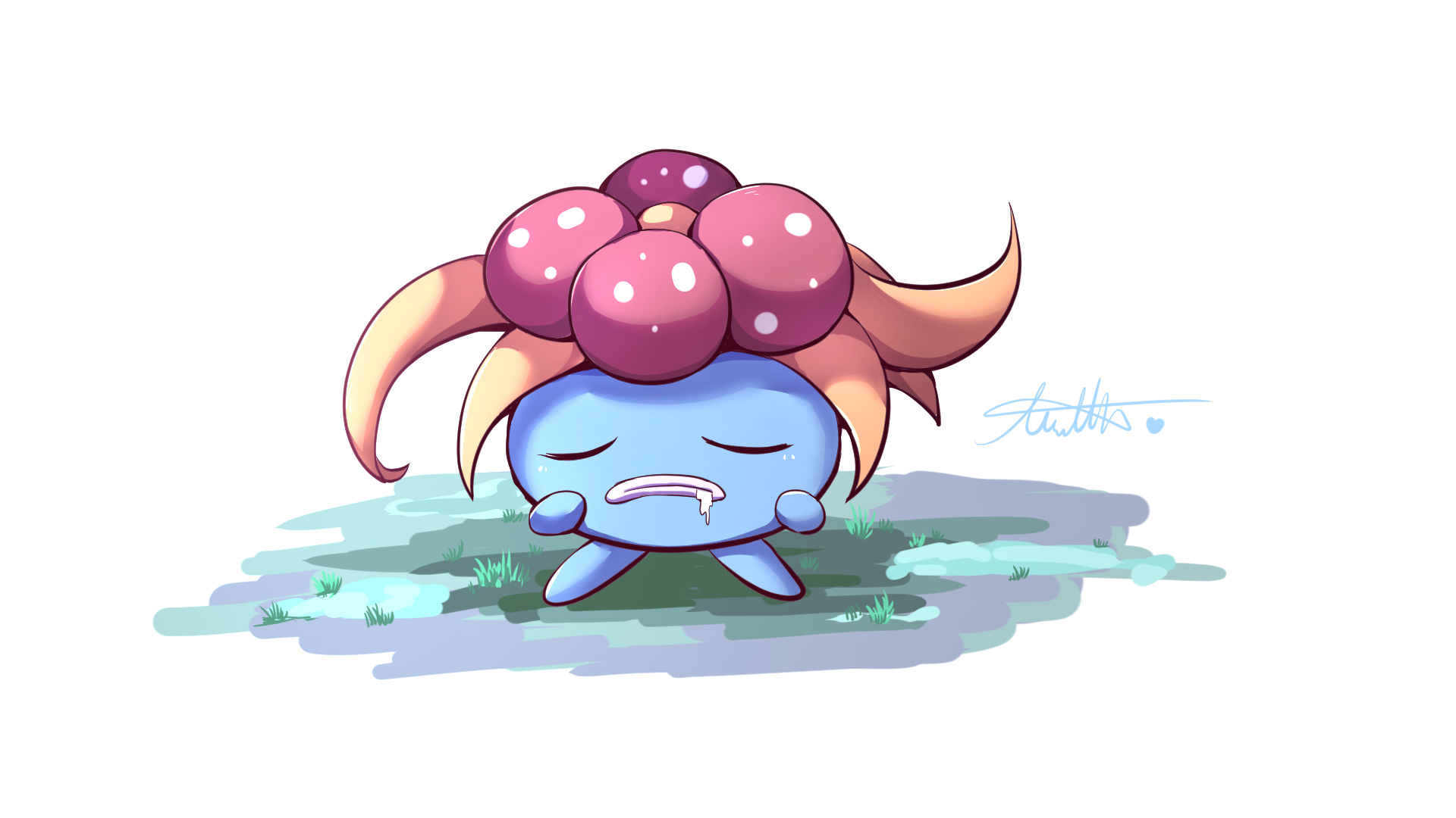 moxa ryu, gloom (pokemon), nintendo, pokemon, highres, closed eyes, drooling, grass, no humans, pokemon (creature), signature, simple background, solo, standing, white background