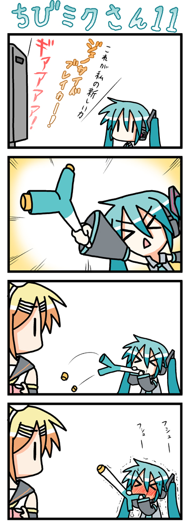 minami (colorful palette), chibi miku, hatsune miku, kagamine rin, vocaloid, long image, tall image, translated, > <, 4koma, aqua hair, chibi, closed eyes, comic, spring onion, twintails, you're doing it wrong, | |
