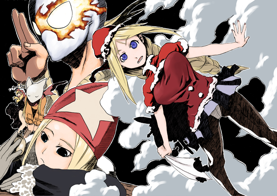 tsukudani (coke-buta), agrias oaks, mime (fft), time mage, time mage (fft), white mage (fft), white mage (final fantasy), final fantasy, final fantasy tactics, white mage, bad id, bad pixiv id, 1boy, 4girls, blonde hair, braid, christmas, hat, long hair, multiple girls, pantyhose, purple eyes, santa costume, santa hat, single braid