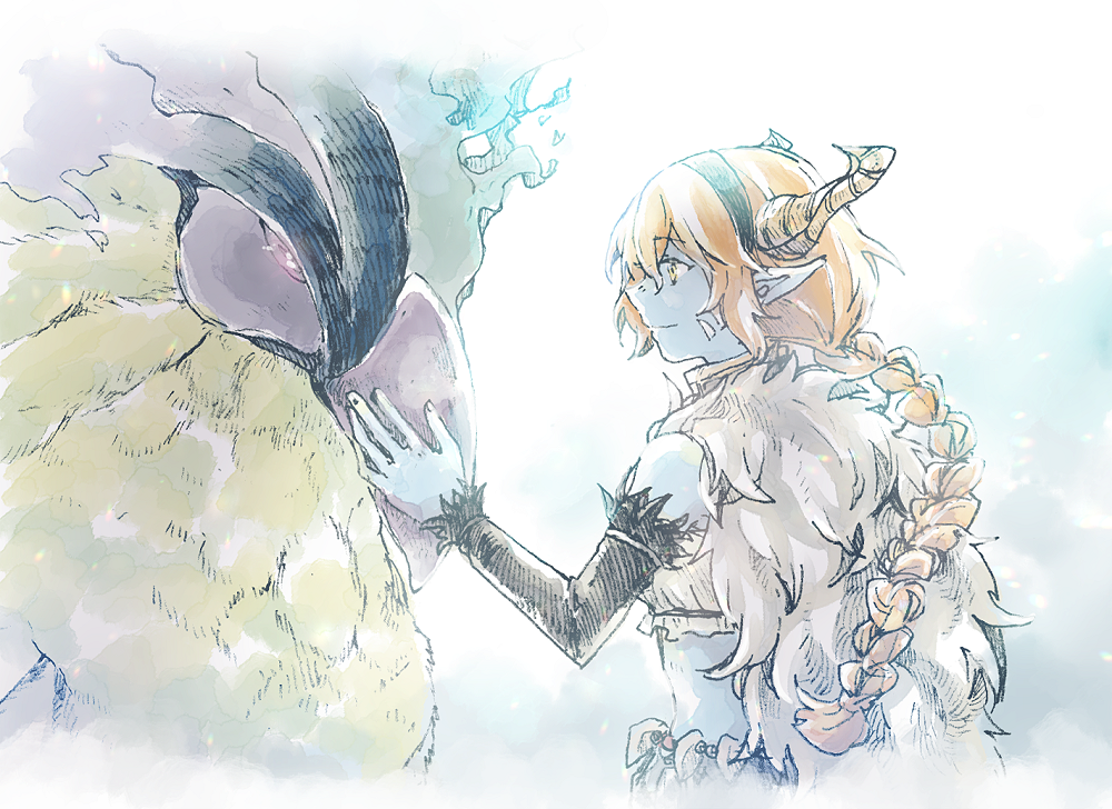 michibata 65, altena (another eden), another eden, commentary request, 1girl, animal, bare shoulders, bird, black hairband, black sleeves, blue skin, braid, cape, closed mouth, colored skin, crop top, cropped shirt, demon girl, demon horns, detached sleeves, from side, fur cape, hairband, hand up, hatching (texture), horns, light smile, linear hatching, long hair, long pointy ears, long sleeves, looking at animal, midriff, orange hair, oversized animal, petting, pointy ears, profile, shirt, sidelocks, simple background, single braid, solo, standing, upper body, white background, white shirt, yellow eyes