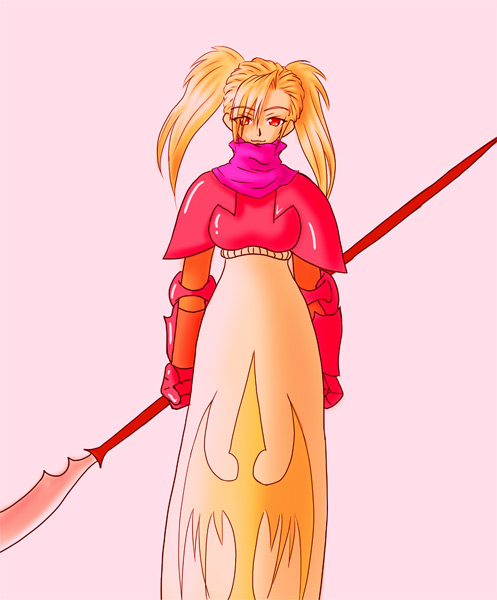 lev (zax), zax, dragoon (fft), dragoon (final fantasy), final fantasy, final fantasy tactics, 1girl, armor, blonde hair, dragoon, female focus, polearm, red eyes, solo, spear, twintails, weapon