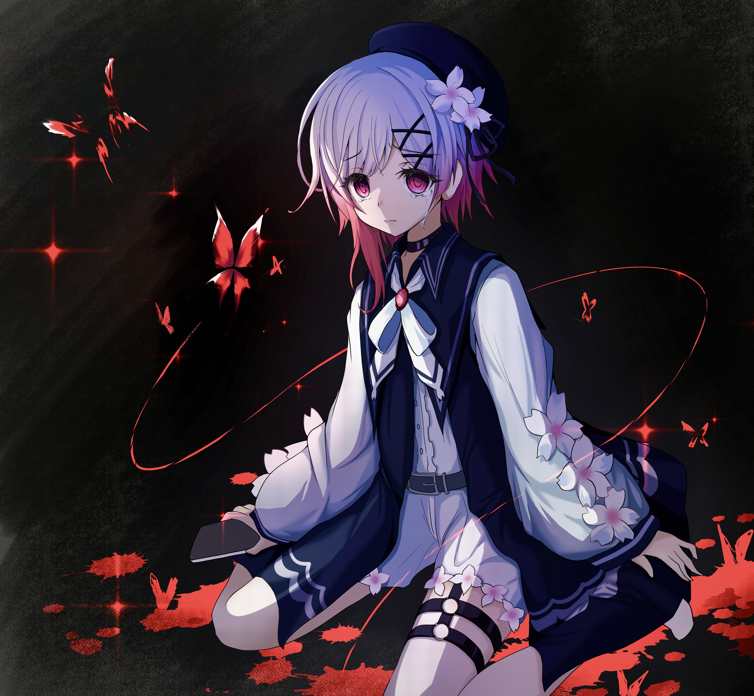 sakuraba ema, mahou shoujo no majo saiban, absurdres, highres, 1girl, belt, beret, black background, black belt, black choker, black dress, black hat, blood, bug, butterfly, cellphone, cherry blossoms, choker, closed mouth, crying, crying with eyes open, dress, empty eyes, flower, full body, gradient hair, hair flower, hair ornament, hat, holding, holding phone, insect, kato kuro, long sleeves, looking at viewer, magical girl, multicolored hair, neck ribbon, phone, pink eyes, pink hair, red butterfly, ribbon, shirt, short hair, shorts, sitting, smartphone, solo, tears, thigh strap, wariza, white flower, white hair, white ribbon, white shirt, white shorts, x hair ornament