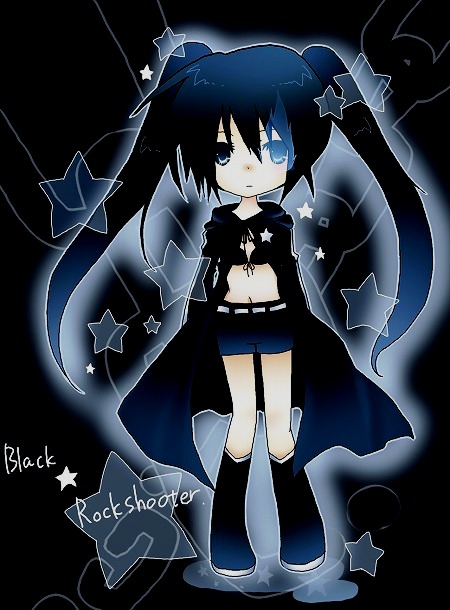 kurosu, kurosu rino, black rock shooter (character), hatsune miku, black rock shooter, vocaloid, 10s, 1girl, black hair, chibi, female focus, full body, midriff, navel, solo, twintails