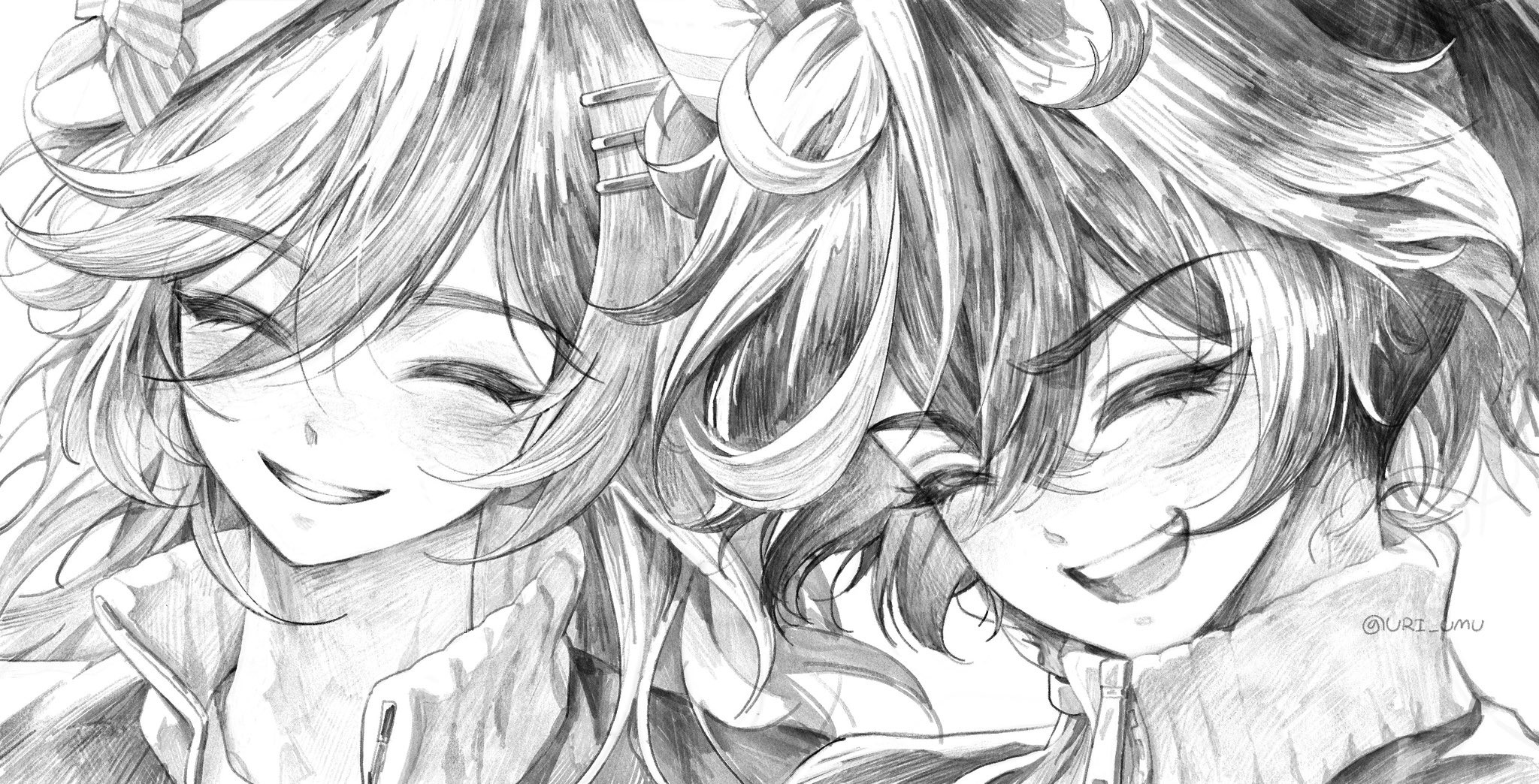 katsuragi ace (umamusume), mr. c.b. (umamusume), umamusume, commentary, highres, symbol-only commentary, 2girls, animal ears, closed eyes, flipped hair, hair ornament, hair ribbon, hairclip, horse ears, horse girl, laughing, long hair, monochrome, multiple girls, ponytail, portrait, ribbon, school uniform, short hair, smile, tracen school uniform, tracen training uniform, uri umu