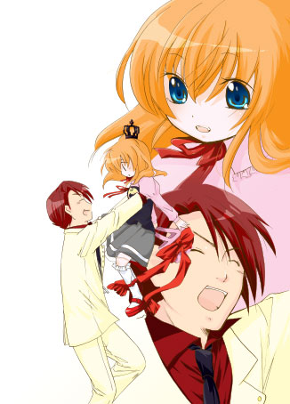 ushiromiya battler, ushiromiya maria, umineko no naku koro ni, lowres, 00s, 1boy, 1girl, blonde hair, blue eyes, closed eyes, cousins, crown, dress, formal clothes, necktie, red hair, shoes, short hair, smile, socks, suit, white background