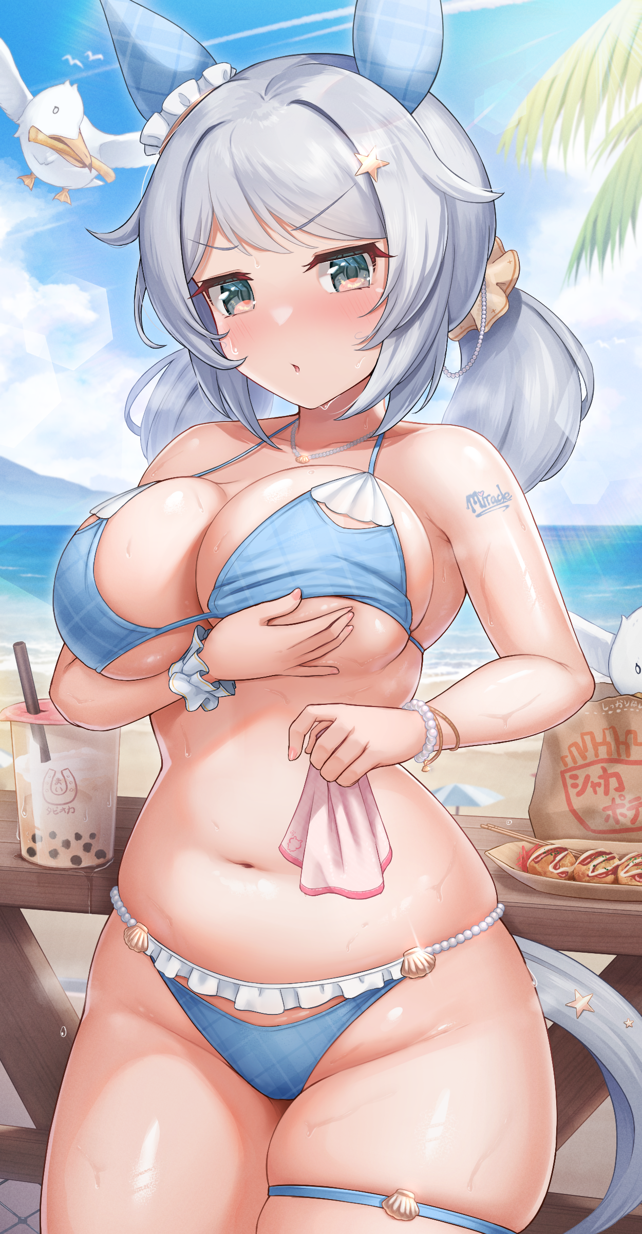 shinonome (shinonome rynn), hishi miracle (umamusume), umamusume, absurdres, commentary request, highres, 1girl, alternate costume, animal ears, bikini, bird, black eyes, blue bikini, blue sky, blush, breasts, bubble tea, cleavage, cowboy shot, cup, day, disposable cup, ear covers, food, grabbing own breast, grey hair, hair ornament, handkerchief, holding, holding handkerchief, horse ears, horse girl, horse tail, large breasts, looking at viewer, low twintails, medium hair, navel, ocean, open mouth, outdoors, seagull, shell, shell bikini, sky, star (symbol), star hair ornament, stomach, sweat, swimsuit, tail, takoyaki, thighs, twintails, unaligned breasts, underboob, v-shaped eyebrows