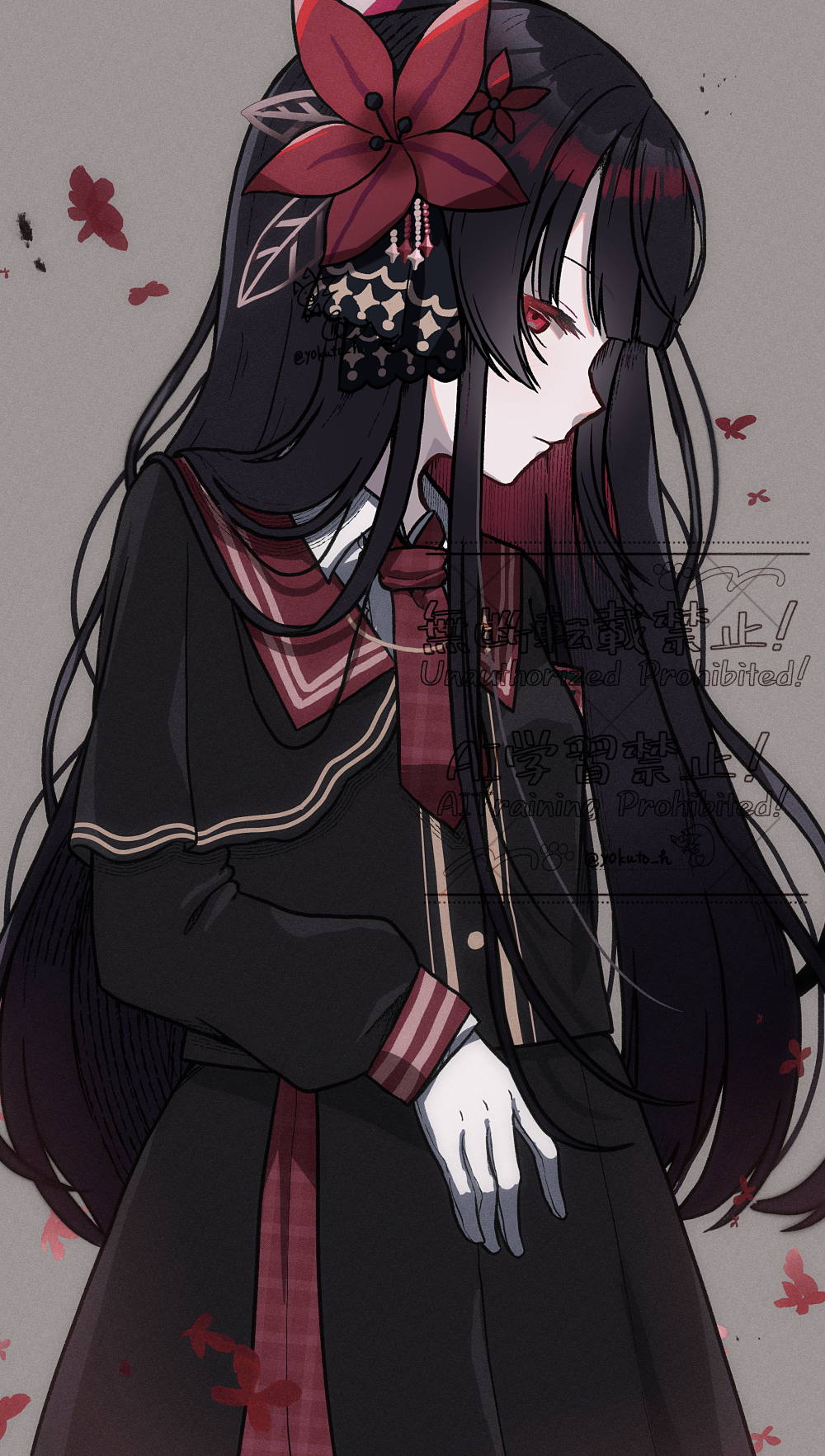 yokuto, nikaidou hiro, mahou shoujo no majo saiban, commentary request, highres, 1girl, black capelet, black hair, black shirt, black skirt, capelet, closed mouth, cowboy shot, flower, grey background, hair flower, hair ornament, long hair, long sleeves, looking at viewer, magical girl, necktie, profile, red eyes, red flower, red necktie, shirt, simple background, skirt, solo, standing