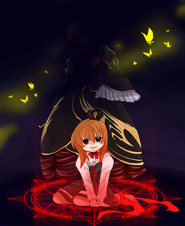 beatrice (umineko), ushiromiya maria, umineko no naku koro ni, 00s, 2girls, animal, bug, evil smile, fireflies, full body, kiseru, looking at viewer, multiple girls, parted lips, shaded face, sitting, smile, smoking pipe