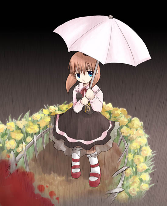 ushiromiya maria, umineko no naku koro ni, 00s, 1girl, blood, brown hair, female focus, fence, flower, rain, short hair, solo, umbrella