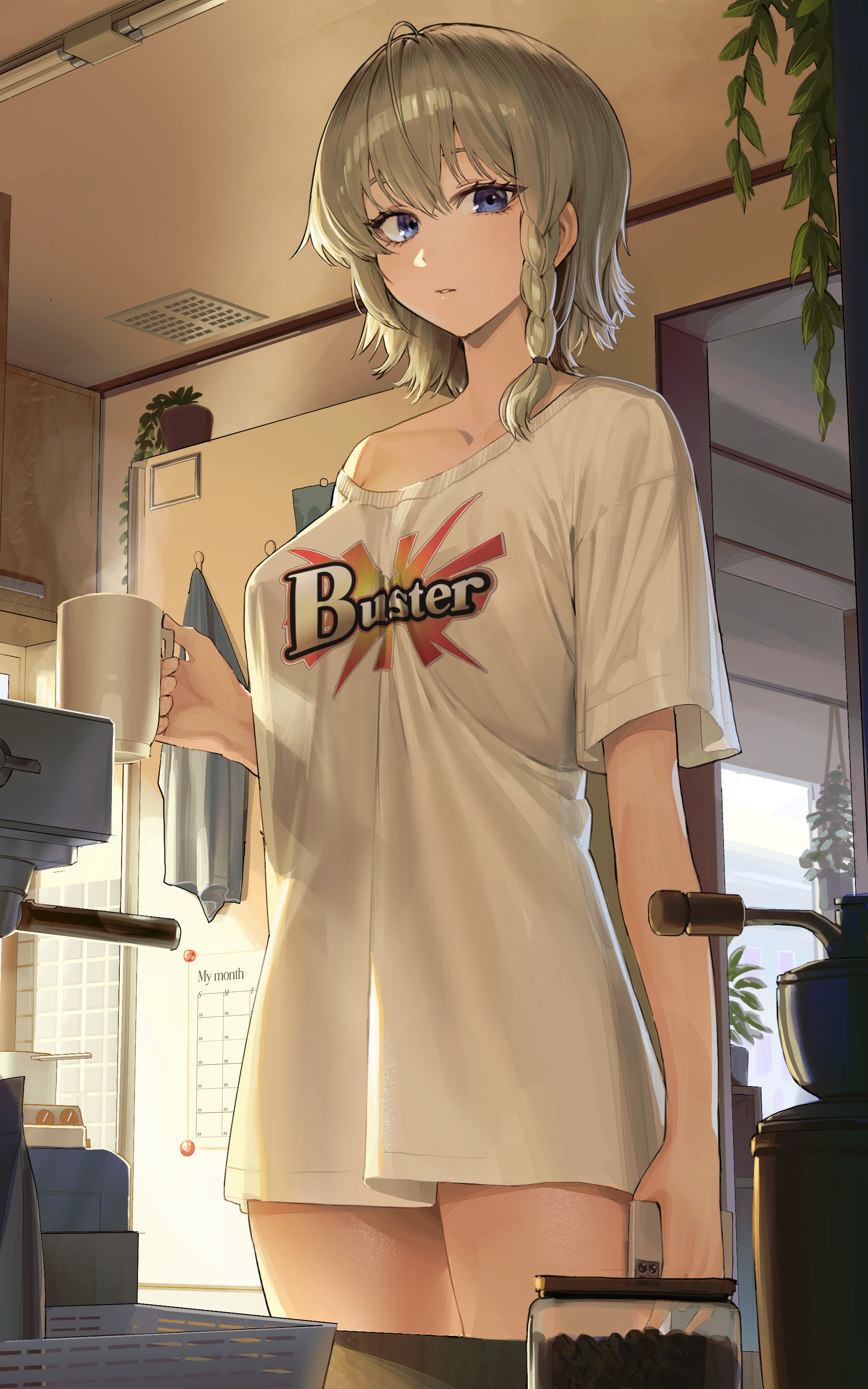goback, original, absurdres, commission, highres, 1girl, blue eyes, braid, breasts, brown hair, cellphone, cleavage, coffee mug, cup, flower pot, holding, holding cup, holding phone, indoors, kitchen, looking at viewer, mug, off shoulder, phone, shirt, side braid, single braid, solo, white shirt