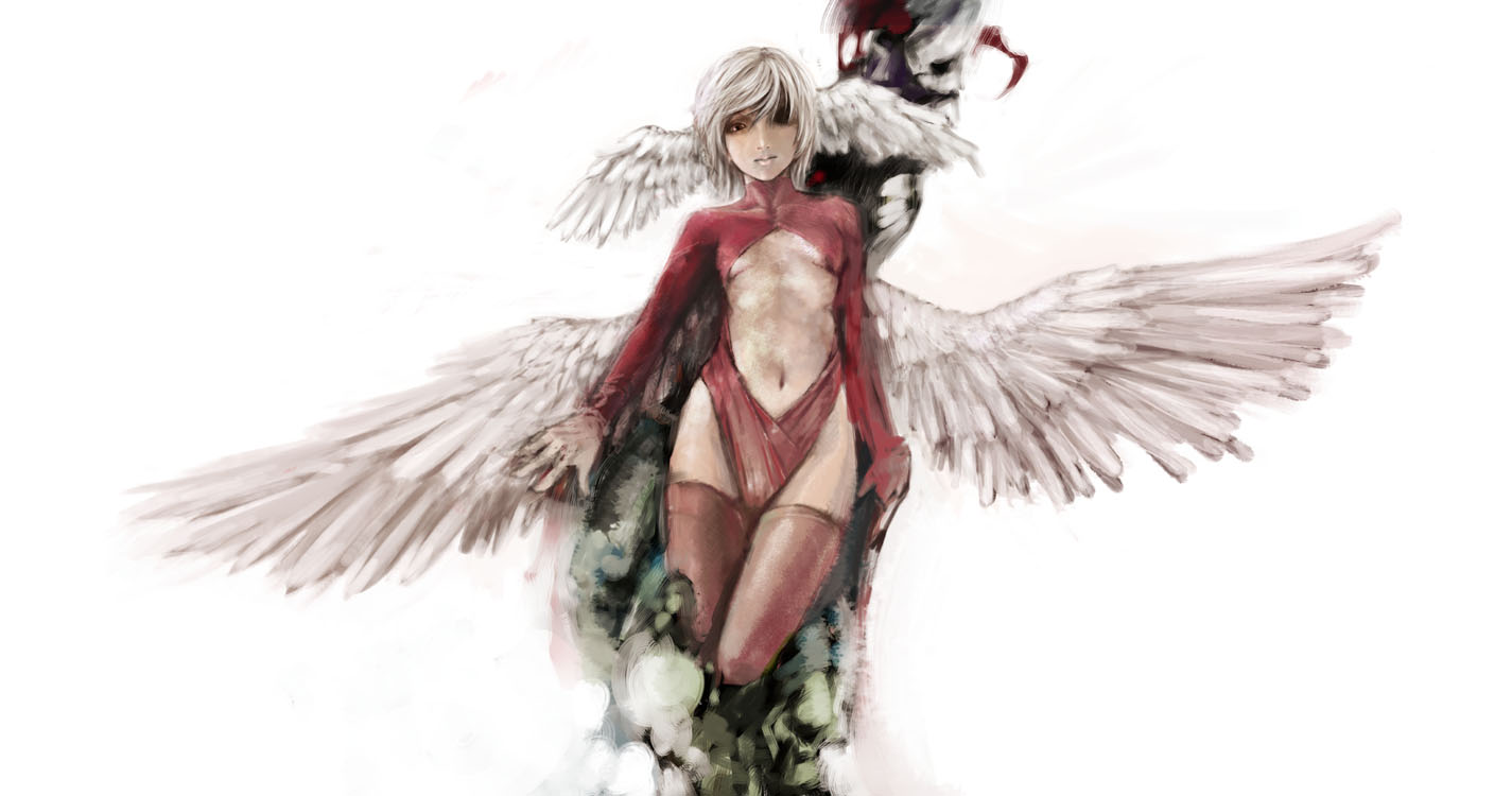 rr (ryohej), ultima (fft), final fantasy, final fantasy tactics, 1girl, feathers, female focus, hair over one eye, head wings, leotard, red leotard, short hair, solo, thighhighs, white hair, wings