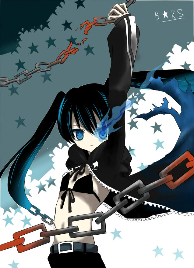 hyakuen raitaa, black rock shooter (character), hatsune miku, black rock shooter, vocaloid, bad id, bad pixiv id, 10s, 1girl, black hair, blue eyes, chain, female focus, midriff, navel, scar, solo, star (symbol), twintails