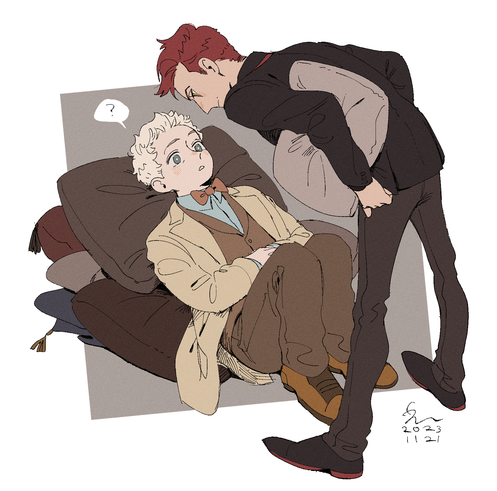 erm nkcn, aziraphale (good omens), crowley (good omens), good omens, highres, 2boys, ?, black shoes, brown pants, brown shoes, brown vest, holding, holding pillow, leaning forward, long sleeves, looking at another, male focus, multiple boys, orange eyes, pants, pillow, red hair, shoes, short hair, speech bubble, spoken question mark, vest, white hair, yaoi