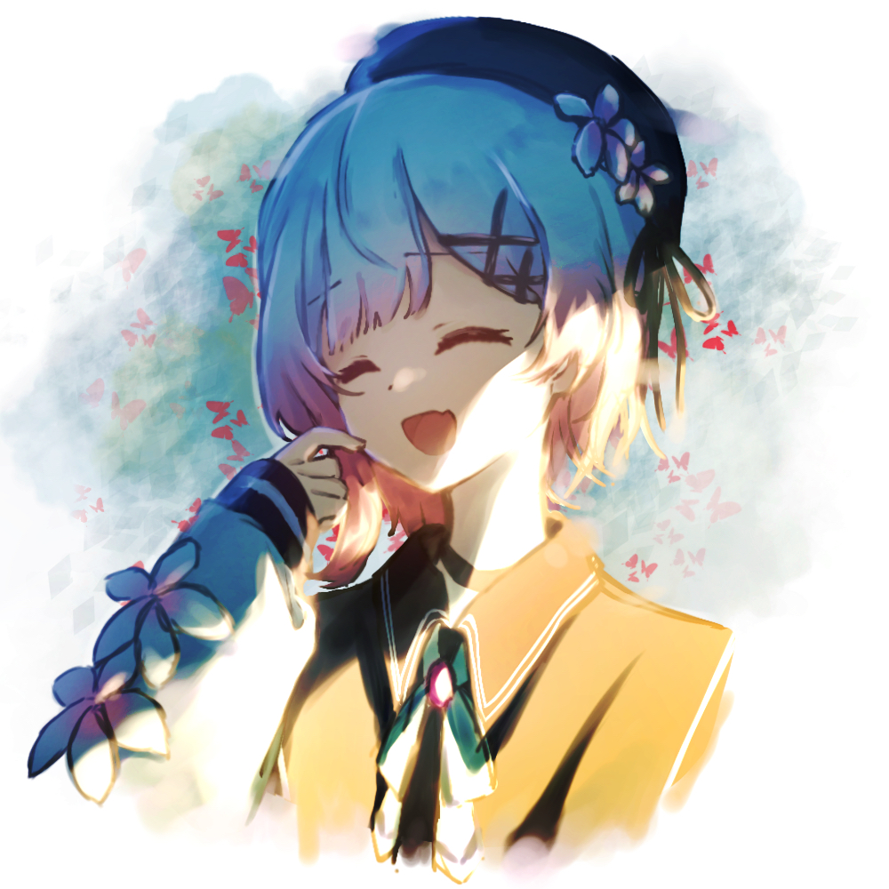 sakuraba ema, mahou shoujo no majo saiban, commentary request, 1girl, :d, ^ ^, beret, black hat, closed eyes, facing viewer, fang, finger to cheek, flower, gradient hair, hair flower, hair ornament, hand up, hat, magical girl, manaringo23, multicolored hair, neck ribbon, open mouth, pink hair, ribbon, short hair, skin fang, sleeves past wrists, smile, solo, upper body, white flower, white hair, white ribbon, x hair ornament