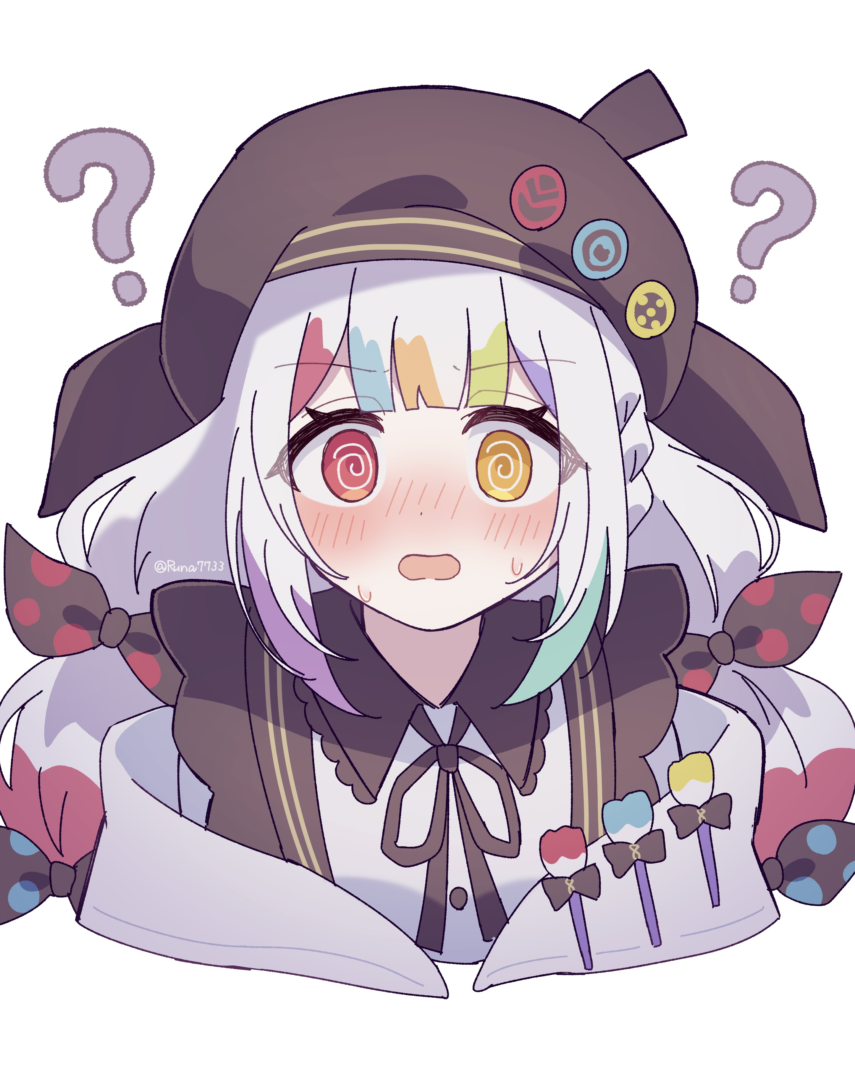 runa (runa7733), jougasaki noa, mahou shoujo no majo saiban, absurdres, commentary request, highres, 1girl, ?, @ @, beret, black ribbon, blunt bangs, blush, confused, cropped torso, hat, heterochromia, long hair, looking at viewer, magical girl, multi-tied hair, multicolored hair, neck ribbon, nose blush, open mouth, paintbrush, red eyes, ribbon, shirt, simple background, solo, streaked hair, upper body, white background, white hair, white shirt, yellow eyes