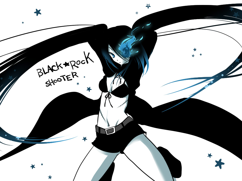 kamui setsuna, black rock shooter (character), hatsune miku, black rock shooter, vocaloid, bad id, bad pixiv id, 10s, 1girl, black hair, blue eyes, female focus, midriff, monochrome, navel, scar, solo, spot color, twintails