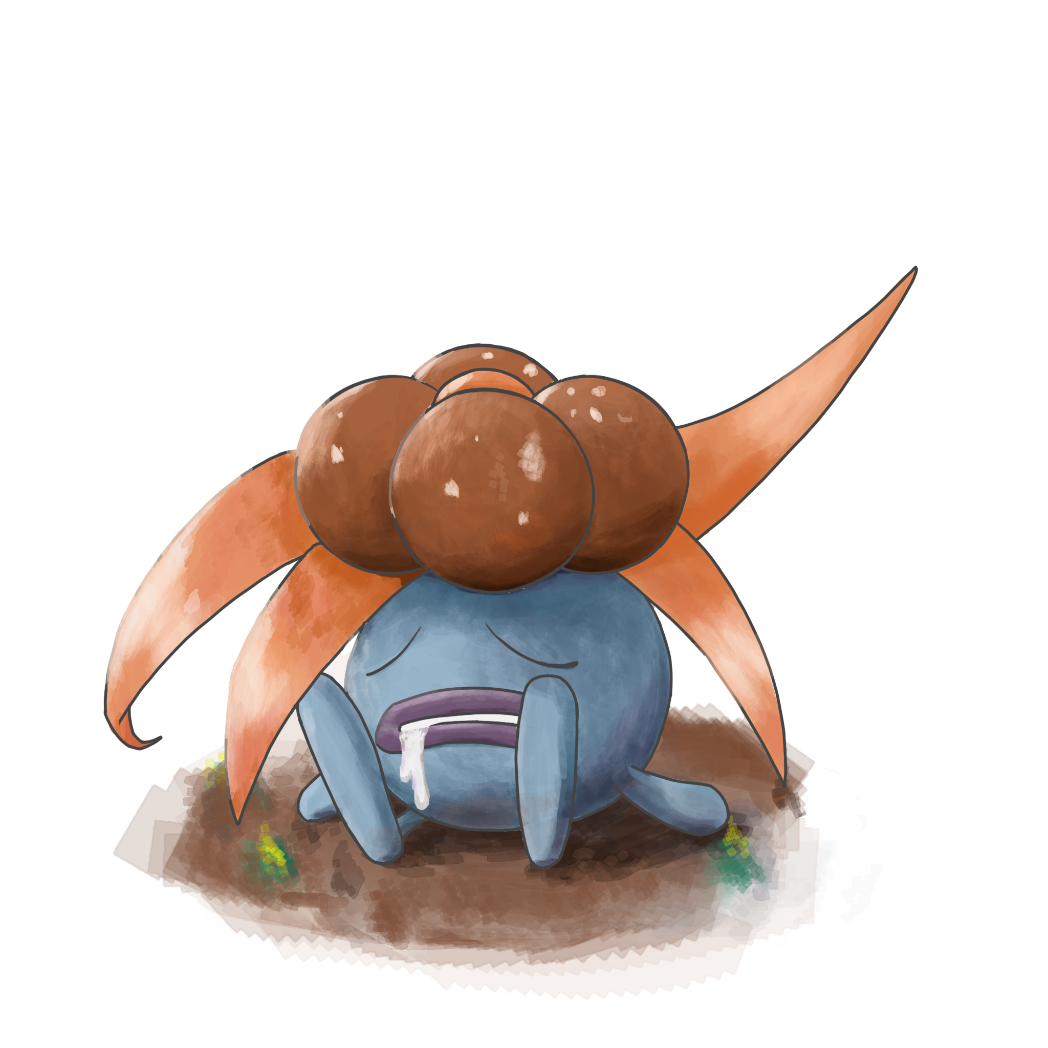 suzuki (pixiv 9092094), gloom (pokemon), nintendo, pokemon, highres, closed eyes, dirt, drooling, no humans, pokemon (creature), simple background, sitting, solo, white background