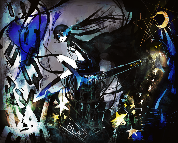kanmi, black rock shooter (character), hatsune miku, black rock shooter, vocaloid, bad id, bad pixiv id, 10s, 1girl, blackâ˜…rock shooter, black hair, blue eyes, chain, female focus, midriff, solo, star (symbol), twintails